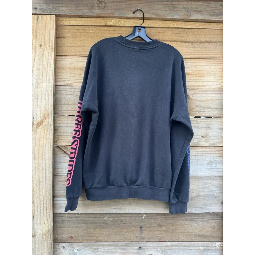 Adidas Three Stripes Black Sweatshirt With White Logo Words On Sleeves Size Larg